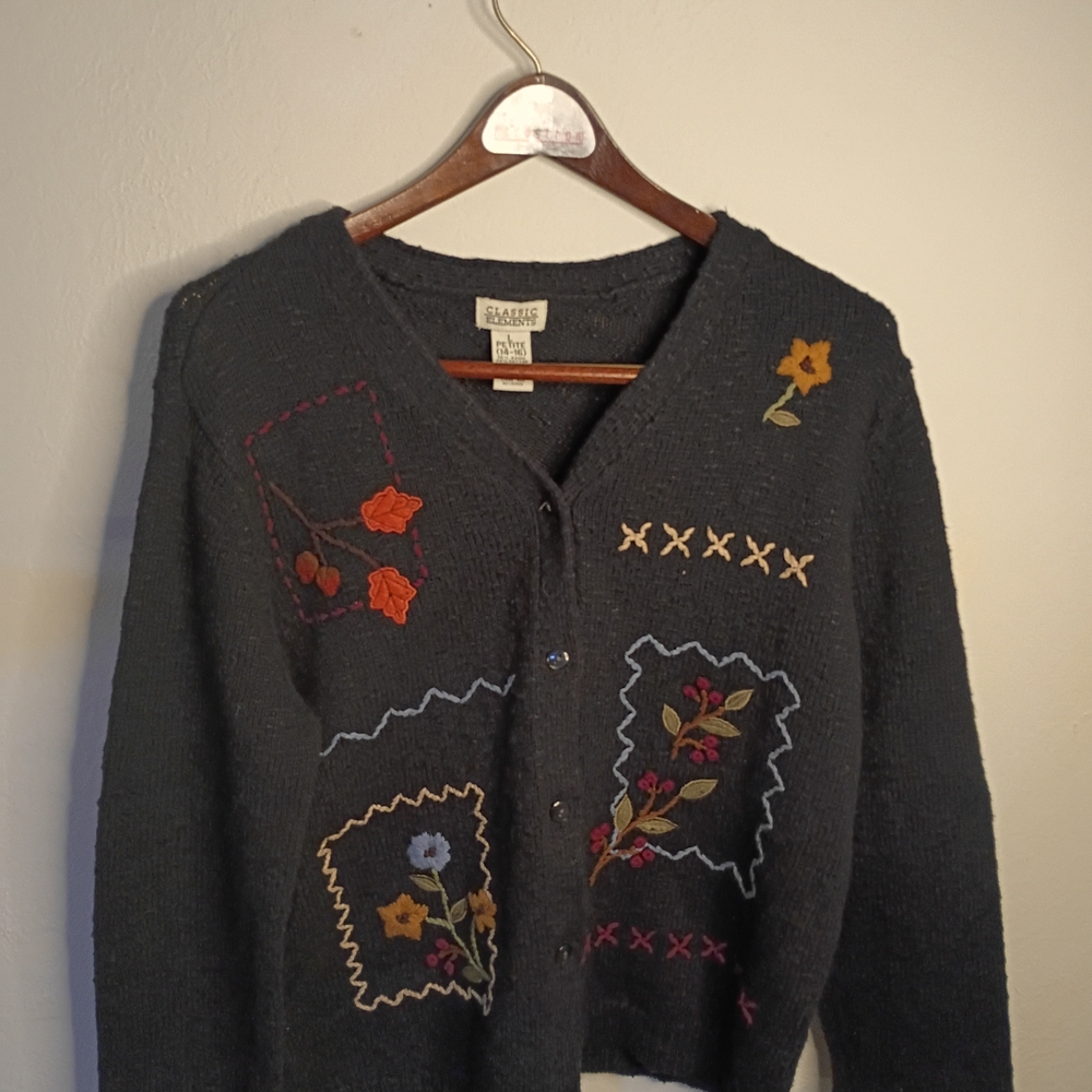 Classic Elements Charcoal Cardigan with Floral Embroidery